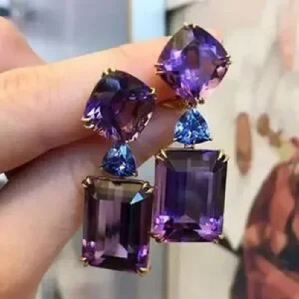 Luxury Square Purple Elegant Drop Crystal Amethyst Earrings